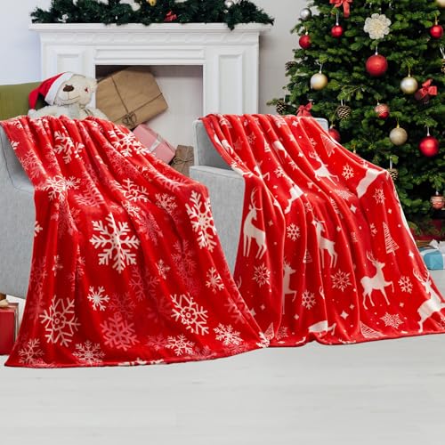 Tsudoku 130x150cm Red Reindeer Christmas Throw Blanket Soft Flannel Blanket Warm Plush Winter Cozy(Red)