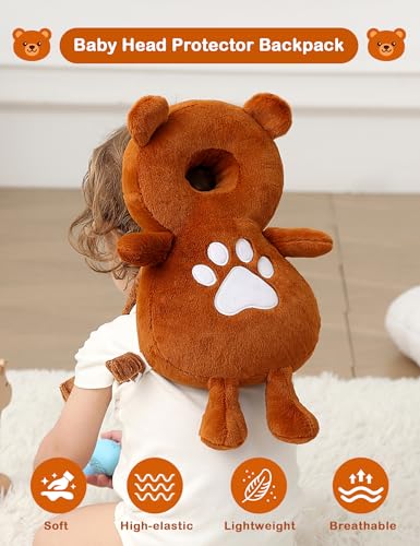 Image of JunNeng Baby Head Protector Backpack for Walking Crawling, Brown Bear | Soft, Breathable, Adjustable, Baby Fall Back Head Protector for Falling