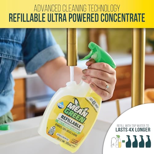 Image of Mean Green Refillable Ultra Powered Multi-Purpose Cleaner Concentrate, Citrus & Green Tea, 14.3 fl oz (2-Pack) - Plant & Mineral Based, Cuts Through Grease & Grime, Refillable Bottle Makes 4X Refills