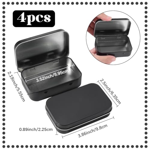 Image of 4 Pack 4 x 2.5 x 0.9 Inch Black Metal Hinged Tin Box Hinged Rectangle Box with Lid Small Mini Empty Iron Storage Portable Home Organizer Containers for Drawing Pin Candies Jewelry Crafts