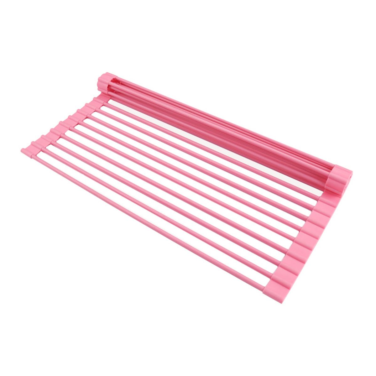 Escurridor de platos enrollable sobre el fregadero. Escurridor de cocina plegable, barra de acero inoxidable totalmente cubierta de silicona, resistente al calor, estante antideslizante