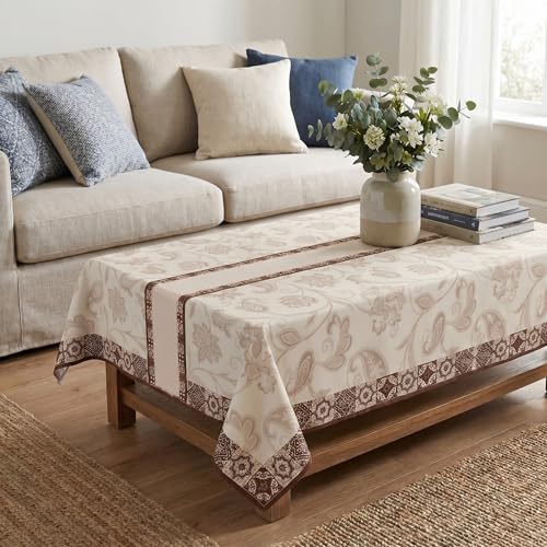 Image of Table Cover (152x101 cm) Brown Printed Border| Polyester Table Cloth | Washable Dustproof Rectangular Table Cover for Home & Kitchen