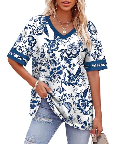 Image of WIHOLL Womens T Shirts Loose Fit Short Sleeve Tees V Neck Color Block Summer Tops 2026 Fashion S-4XL
