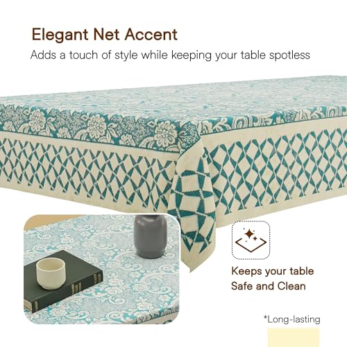 Image of Kuber Industries 40x60 Inch Net Cotton Center Table Cover Cloth | 4 Seater Centre Coffee and Teapoy Cover for Living Room | Aqua Rose 1893 Bright - Cream