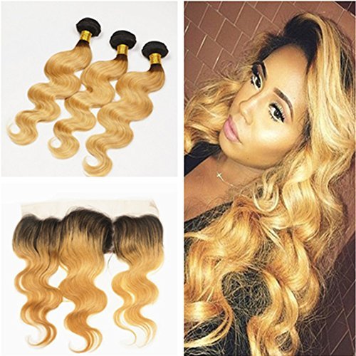 Ruma Hair Honey Blonde Ombre Hair With Lace Frontal Closure 4Pcs Lot 8A Body Wave #1B/27 Two Tone Dark Root Ombre Human Hair 3 Bundles With Full Frontals (16 with 16 18 20)