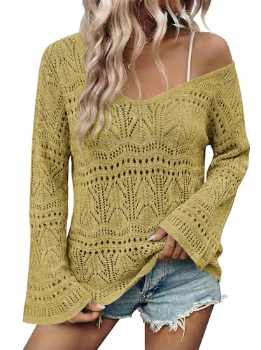Image of Cakulo Womens Summer Crochet Tops Boho Off Shoulder Sweaters Lightweight V Neck Loose Vacation Resort Wear 2026