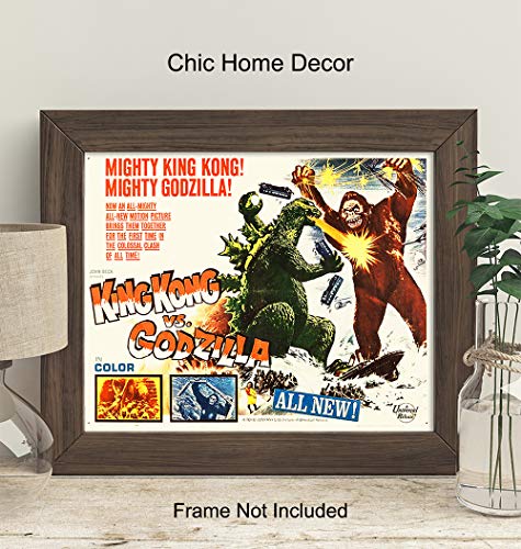 Image of Godzilla Vs Kong - Horror Movie Poster - 8x10 Classic Monster Movies - Vintage Scary Movie Wall Art Decor - Home Theater Room, Boys Bedroom, Man Cave Decorations - Godzilla - King Kong