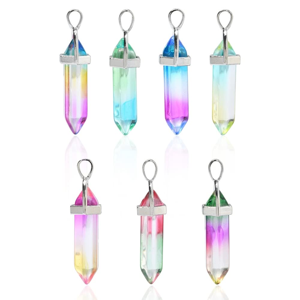Ipotkitt 14Pcs 7 Colours Faceted Bullet Glass Pointed Charm Pendants Hexagonal Ornaments with Platinum Plated Alloy Findings for DIY Making - Image 2