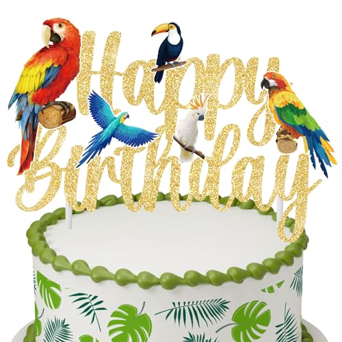 CANDY CHEF Tropical Bird Birthday Cake Topper - Parrot Happy Birthday Cake Pick - Party Decoration for Birds Themed Baby Shower Supplies