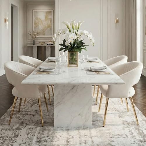Hyfirm Set of 4 Cream Leather Dining Chairs, Modern Upholstered Kitchen Chairs Gold Metal Legs, Hollow Back, Accent Side Chair for Dining Room/Livingroom/Reception/Restaurant
