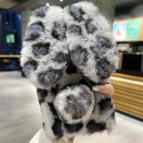 for Samsung S21+/S21Plus Furry Case, Lucky Leopard Pattern Cute Rabbit Bunny with Soft Fluffy Ears Tail Doll Fuzzy Hair Fur Plush Phone Case Cover Women Girl Cover