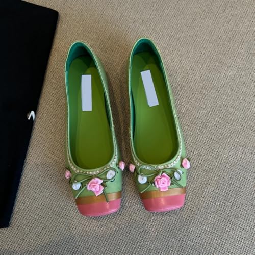 Women's Flower Bowknot Ballet Flats Leather Square Toe Colorblock Embroidered Slip On Ballerina Elegant Wedding Office Flat2