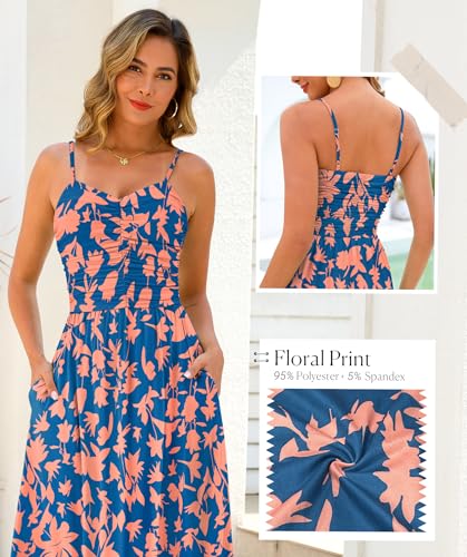 Image of Annebouti Women 2026 Summer Spring Ruched Maxi Dress Adjustable Spaghetti Strap Floral Beach Long Sundress with Pockets