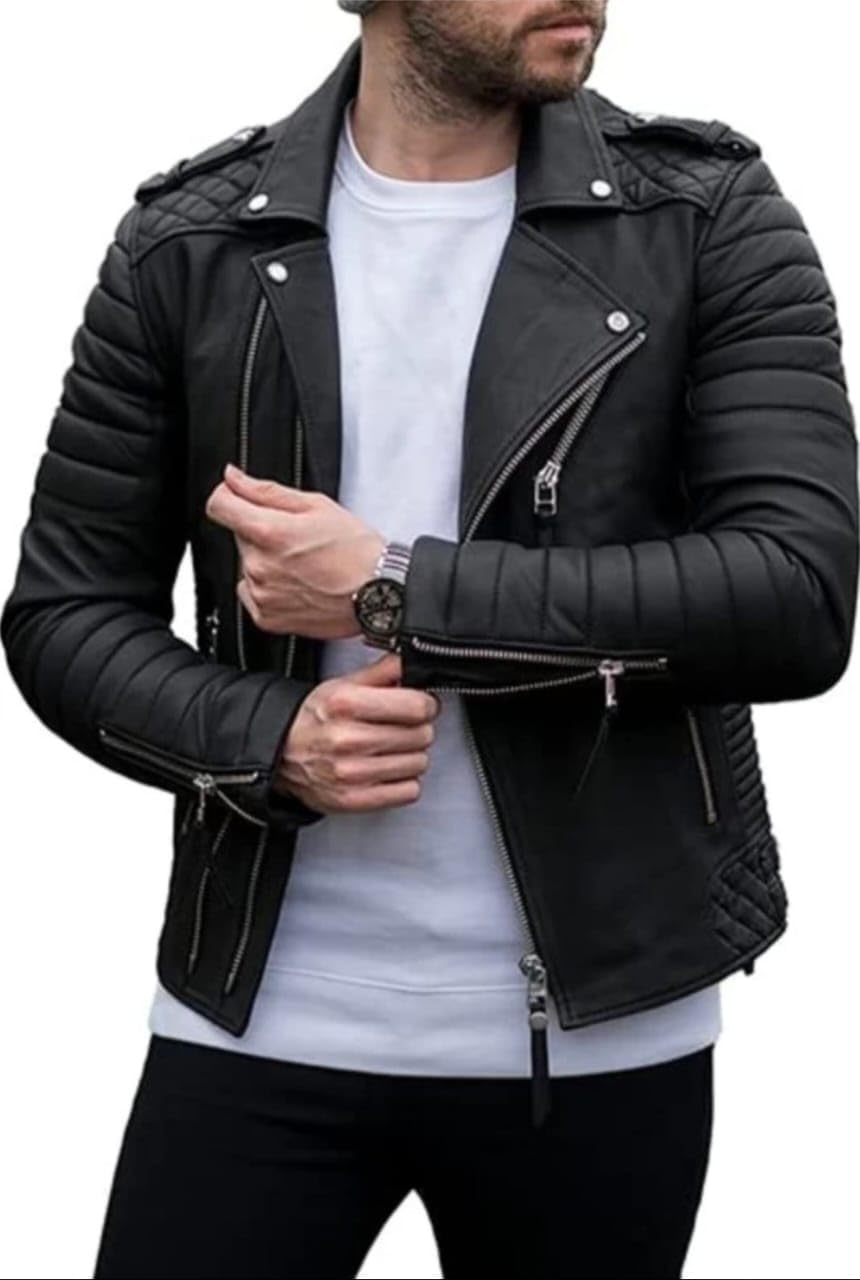 Quilted Leather Motorcycle Jacket, Black, Asymmetric Zip Front, Multiple Pockets-picture-15