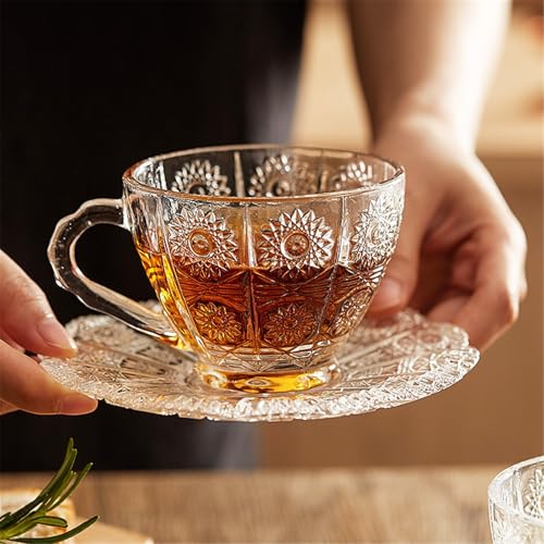 Taza de café vintage de vidrio gris con relieve de girasol elegante 6