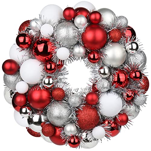 Oairse Christmas Bauble Wreath 13 Inch, Red and White Xmas Ornament Wreath with 66 Shatterproof Balls and Glitter Tinsel for Holiday Front Door, Wall, Window, Indoor Outdoor Christmas Decorations