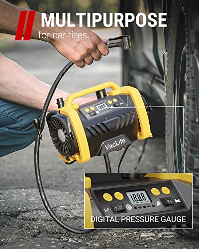 Vaclife Tire Inflator Portable Air Compressor - 12V Dc/110V Ac Car Tire Pump For Air Mattress Beds, Boats With Inflation And Deflation Modes, Dual Powerful Motors, Model: Atj-6588, Yellow (Vl758) #TOP1