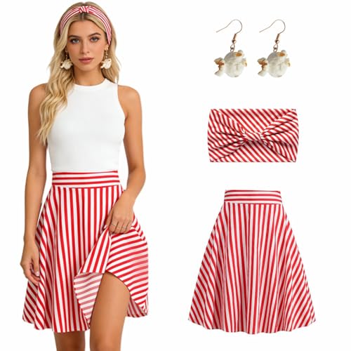 Popcorn Kostüm Damen Rot Weiß Gestreifter Rock 1950er Rockabilly Rock+Lustige Popcorn Ohrringe+Breites Streifen Stirnband Vintage Gestreift A Linie Röcke für Frauen Mädchen Party Cosplay Karneval