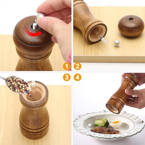 Salt and Pepper Mills Set, 2 Pack Wooden Pepper Mill Grinder Refillable Manual Spice Salt Pepper Grinding Bottle with Adjustable Ceramic Rotor for Kitchen Chili, Cloves, Herbs (14cm/5inch) - Image 4