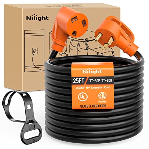 Image of Nilight 30 Amp 25FT RV Extension Cord 125V Heavy Duty 10 Gauge Pure Copper STW Wire UL ETL Listed 3 Prong TT-30P TT-30R 30F /30M Weatherproof Suit for Camper Caravan Trailer