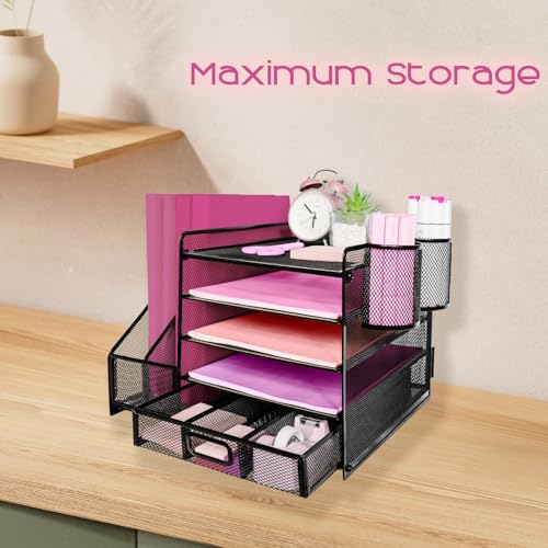 ideallife Schreibtisch Organizer Ablage aus Metall, 5 Ebenen Papier Briefablage mit Aktenhalter, Mesh Schreibtisch Akten Organizer mit Zeitschriftenhalter für Büro Dokumentenablage (Schwarz)