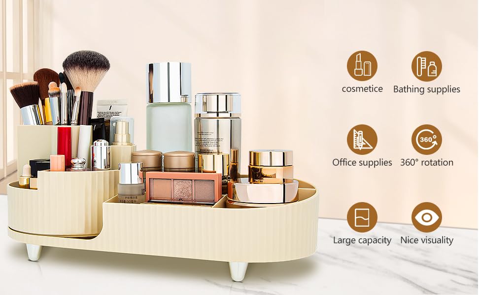 Image of Kesi Rotating Makeup Organizer For Vanity, Large Capacity for Cosmetics 360 Rotating Bathroom Organizer, Cosmetic Perfume Storage Organizer for Dressing Table Countertop Makeup Room (Off White)