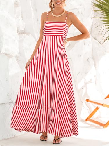 CUPSHE Women's Maxi Dress Sleeveless Spaghetti Strap Flowy Summer Casual Striped Dress with Pockets Red M - Image 4