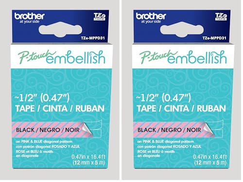 Image of Brother P-Touch Embellish Black Print on Pink & Blue Diagonal Patterned Tape TZEMPPD31 - ~ inch Wide x 13.1' Long for use with P-Touch Embellish Ribbon & Tape Printer (Pack of 2)