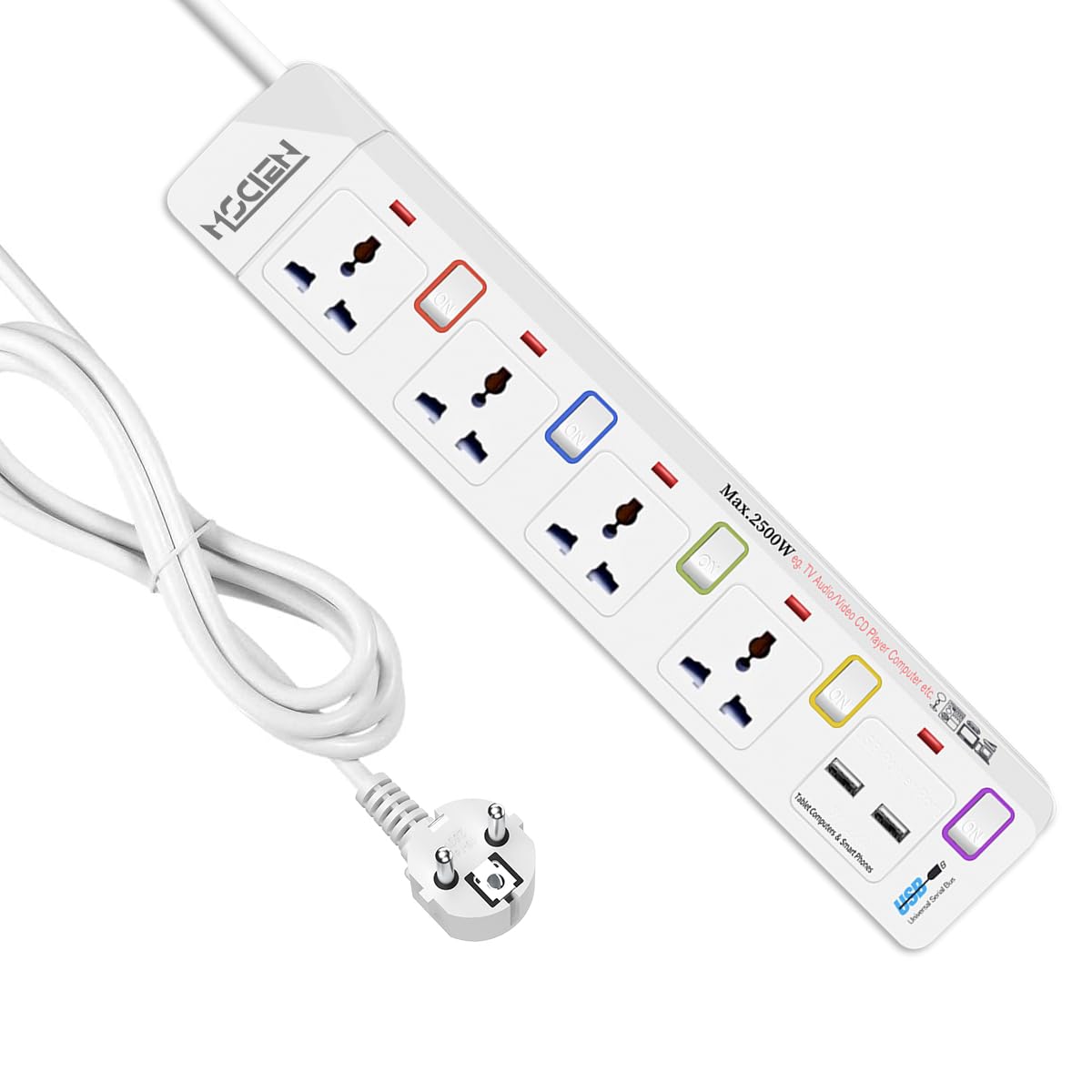 Mscien 4 Way Extension lead with 2 USB, 4 Independent Switch Power Strip with 1.8M Extension Cord Wall Mountable (Type E/F Plug)