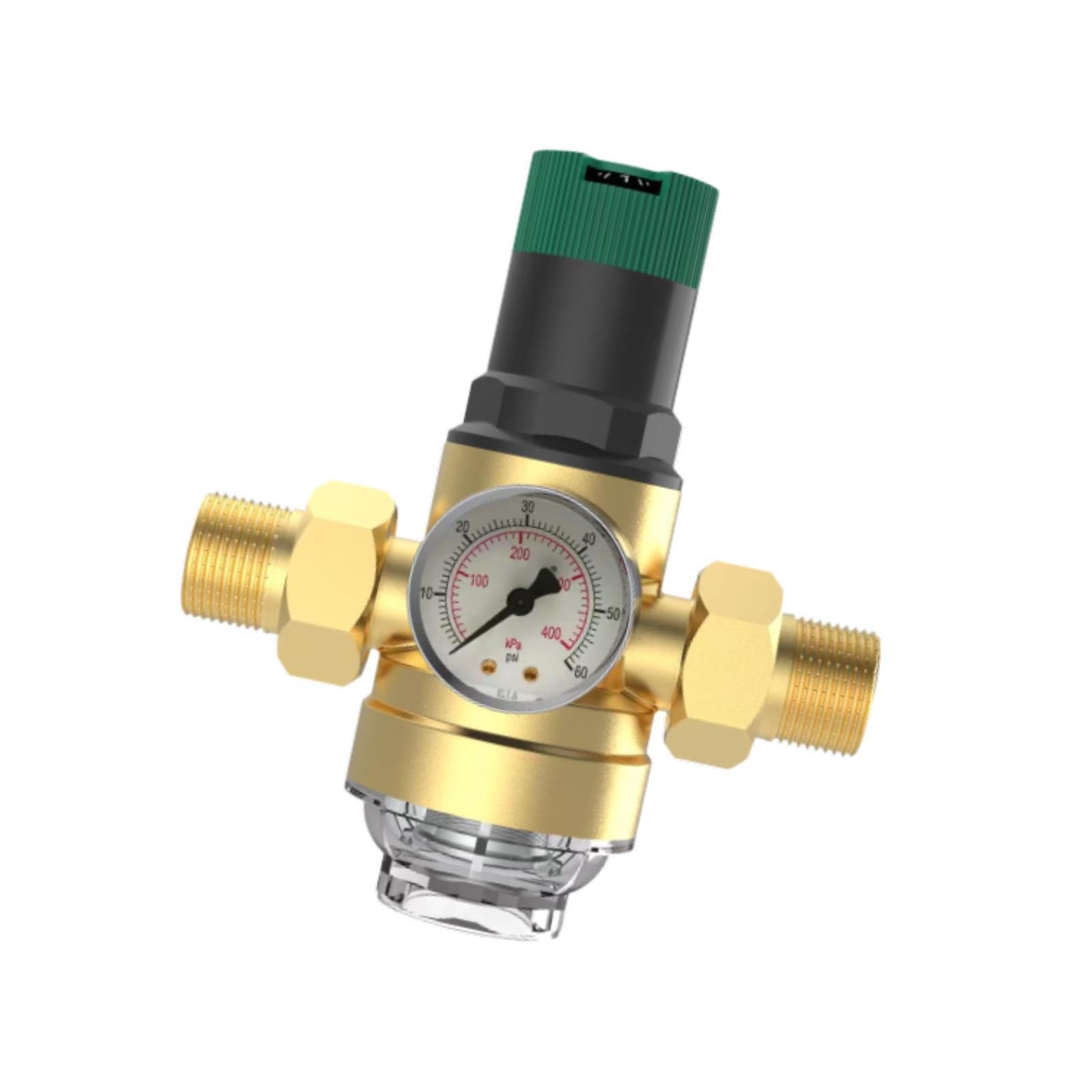 Regulador de Presión de Agua Válvula con Indicador Ajustable Latón Anticorrosión con Filtro Evita Ruidos Ahorra Factura Protege Electrodomésticos, DN20