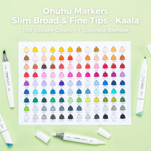 Image of Ohuhu Alcohol Markers 108 Colors Fine& Slim Broad for Architectural Design | Dual Tips Alcohol-based Refillable Art Markers for Artists Adults Coloring Drawing Illustration, Kaala