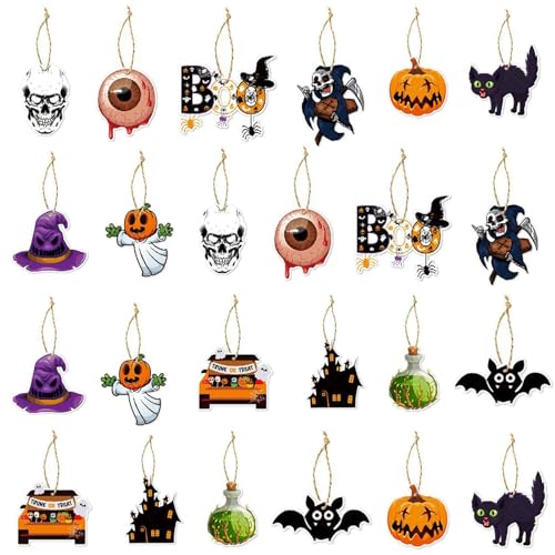 24 Pieces Halloween Tree Decorations Halloween Hanging Ornaments Pumpkin Ghost Skull Eyeball Hat Cat Owl Bats Ornaments Farmhouse Halloween Tree Ornaments Home Courtyard Tree Decor