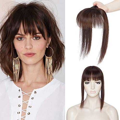 SEGO Clip In On Hair Topper with Bangs 100% Real Human Hair Toppers Mono Base Crown Topper with Wispy Bangs Top Hairpiece for Women with Hair Loss Thinning Hair 12 Inch 2# Dark Brown