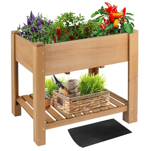 Image of ketive Raised Garden Bed with Legs - Elevated Wooden Planter Box, Durable Fir Wood, Reinforced Frame with Drainage Holes, Liner, and Storage Shelf for Vegetables, Herbs, Flowers, 33.5 inch x 18 inch x 30 inch