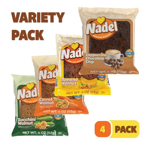Image of Nadel - Naturally Delicious Sweet Breads Variety Pack (Banana Walnut, Cappuccino Chocolate Chip, Carrot Walnut, Zucchini Walnut). (4 Pack, 1 Bread Per Flavor)