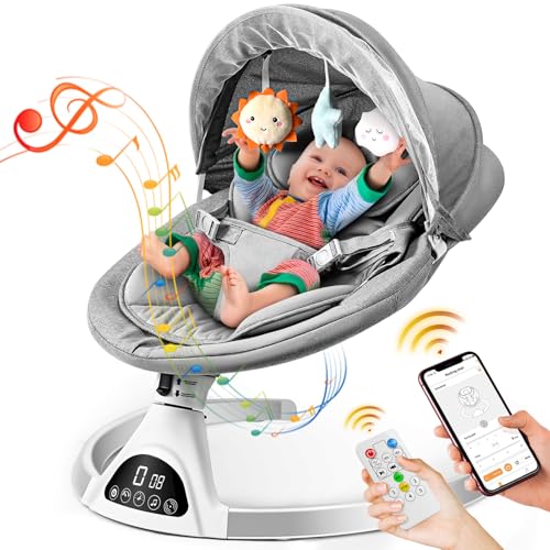 Image of Ixdregan Baby Swings for Infants - Exclusive App & Bluetooth Electric Baby Swing, Smart Sensor&Timing, 5 Speeds, 12 Preset Lullabies and Back-Up Pillow, Portable Baby Swing for Indoor/Outdoor(Grey)