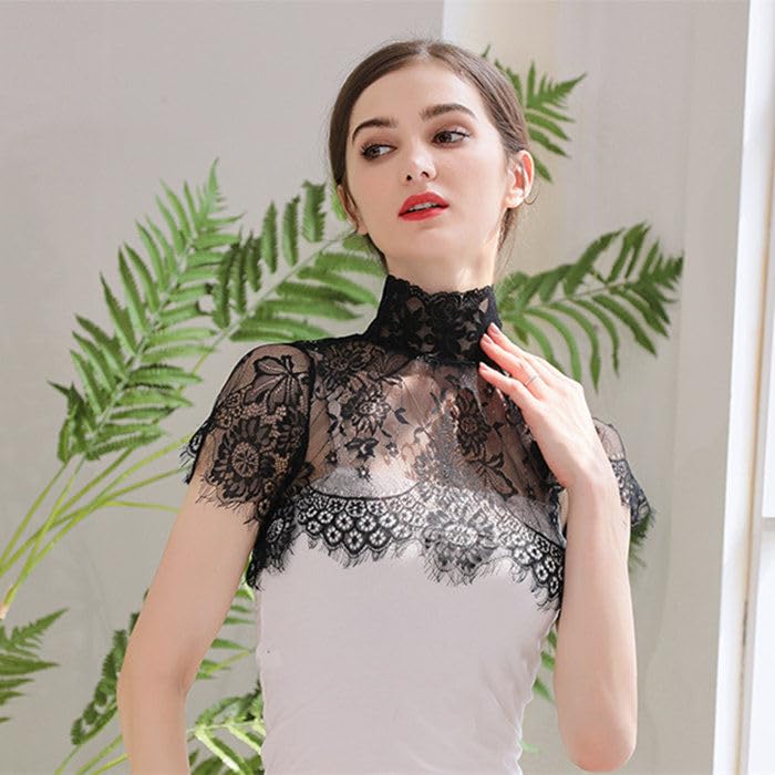 HomeSoGood False Collar Detachable Lace for Girls Neckline 13inch Black Flower Half Shirt Fake Neck Cover(Black)2