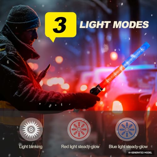 Image of E-riding 2 Pcs 21inch Red and Blue Light Baton, Signal Traffic Safety Wand Led Light with 3 Flashing Modes for Traffic Control Parking Guide