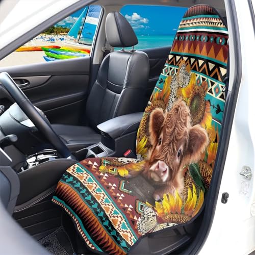 Image of Aztec Highland Cow Car Seat Towel Cover Front Car Seat Covers Universal Front Seat Cover Waterproof Soft Auto Seat Covers Anti-Slip Universal Fit for Auto Truck Van SUV