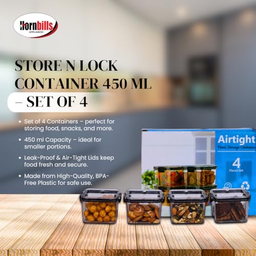 Image of HORNBILLS Seal & Lock Airtight Food Storage Containers Set - 400ml (Pack of 4) | Kitchen Organizing Accessories | Leakproof, BPA Free & Food Grade Material Plastic Boxes For Kitchen & Fridge Organizer