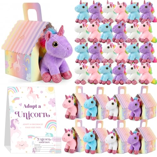 Blueweenly 73 Pcs Adopt a Unicorn Party Favors Set for Girl Mini Plush Unicorn Stuffed Animal Gift Box Adoption Card 1 Animal Sign with Carton House for Adopt Pet Party Birthday (Eyes)