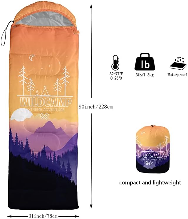 Miniatura 3 de Saco de dormir para adultos y niños, furgoneta de campamento de montaña verde, ligero, cálido, portátil, para interiores y exteriores, impermeable,