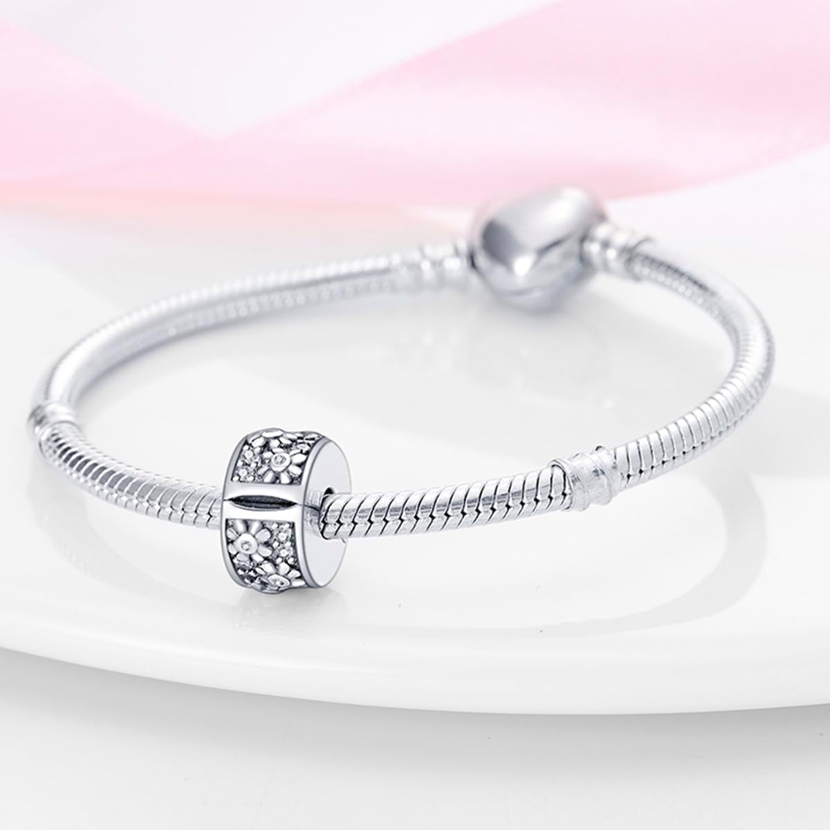 LONGLUCK 925 Sterling Silver Stopper Clip Charms for Bracelet Necklace Spacer Beads with 5A Cubic Zirconia Mother's Day Christmas DIY Gift for Women(2PCS) - Image 2