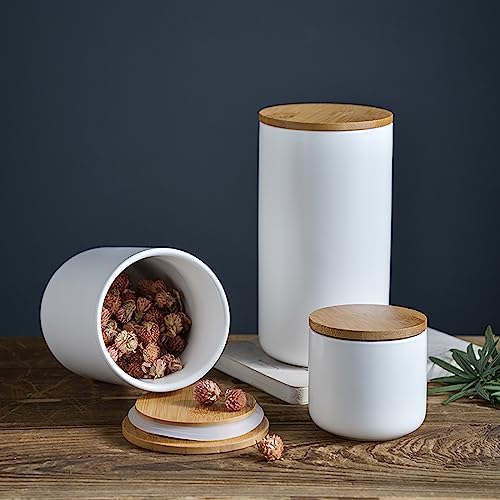 Modernes Design Frischhaltedose mit luftdichtem Holzdeckel, Keramik-Lebensmittelaufbewahrungsdose, Frischhaltedose für Kaffee, Zucker, Tee, Gewürze usw. (Weiß, 260 ml)