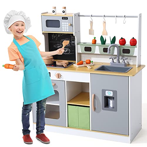 Bophy Wooden Farm & Kitchen Playset, Kids Play Kitchen with Cookware Accessories, Wooden Chef Pretend Play Set with Ice Maker, Chalkboard, Planter Area