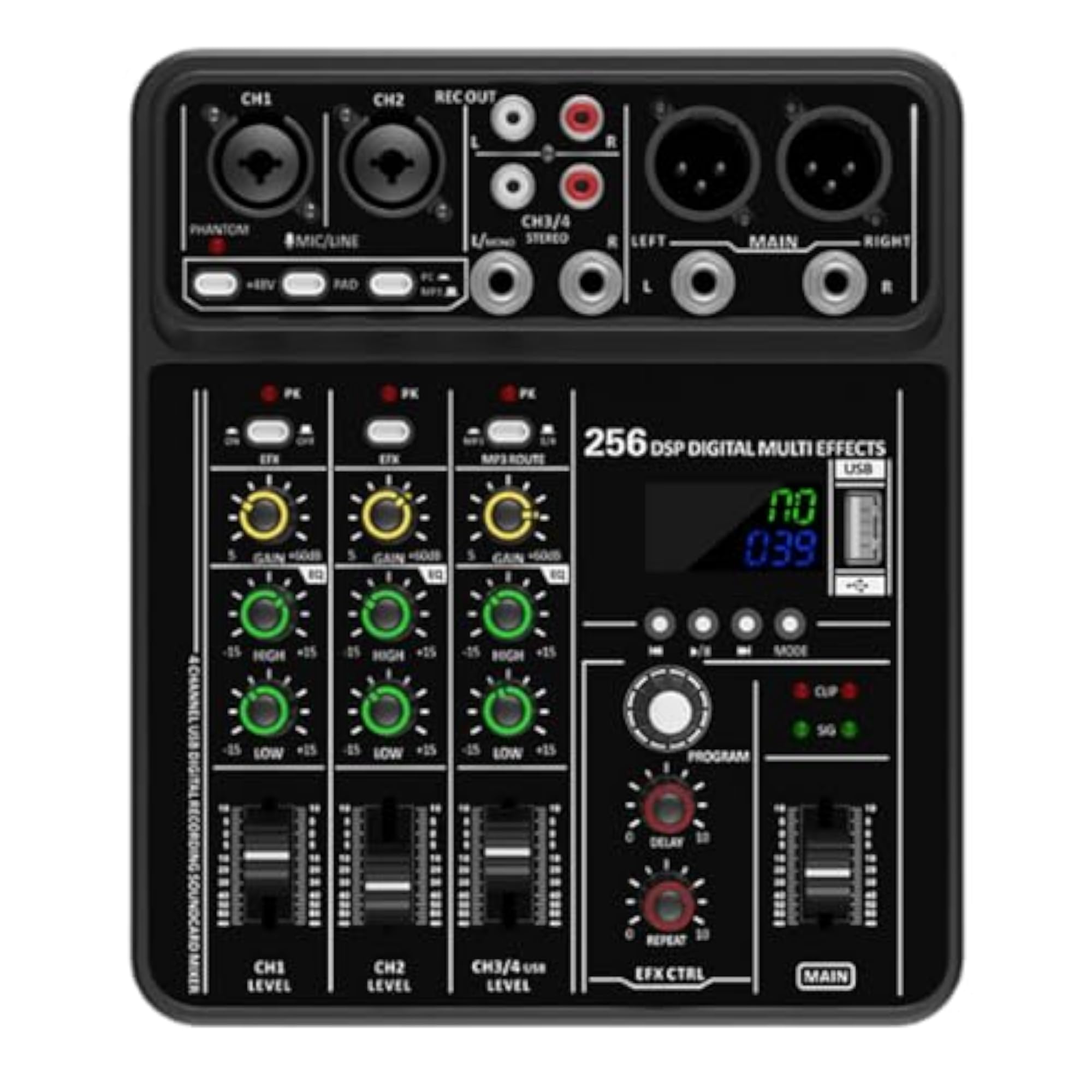 Professional Audio Mixer 256 DSP Effects, 4 Channel USB