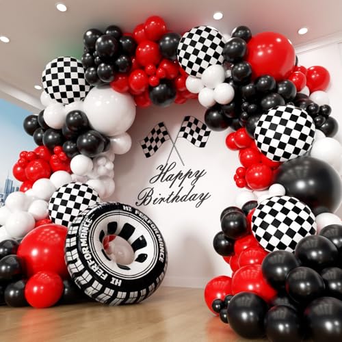 PTGOLUO Race Car Balloon Arch Garland Kit 154pcs Different Size Tire Flags Checkered Black Red White Balloons Arch Kit for Racing Car Two Fast Theme Boy Birthday Anniversary Party Decorations
