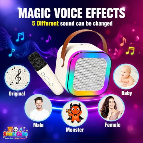 Image of Karaoke Speaker with Wireless Mic for Kids & Adults | Beige Bluetooth Karaoke Machine with RGB LED Lights, Rechargeable Portable Speaker, Stereo Sound | Birthday Gift for Girls & Boys