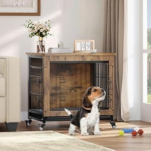YITAHOME Dog Crate Furniture with Cushion, Dog Kennel Indoor with Wheels, 27″ Dog Cage with Double Doors for Small Dog (Rustic Brown)
