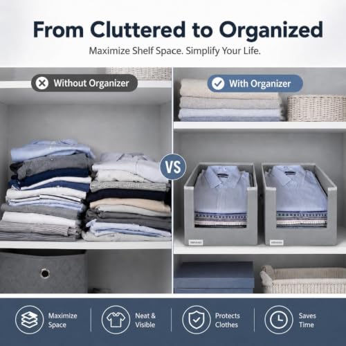 Image of VERVENIX Shirt Stacker Set of 2, Non Woven Foldable Clothes Storage Organizer with Handle, Wardrobe Closet Organizer, Space Saving Cloth Organizer for T-Shirts, Shirts, Jeans, Grey